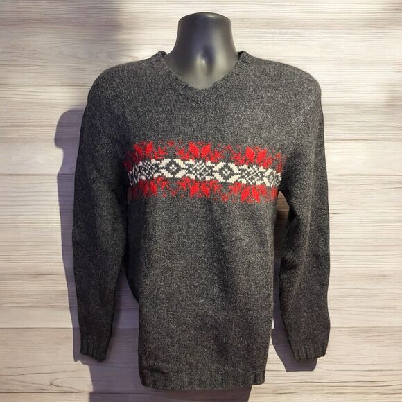 Vintage Old Navy Gray Red Snowflake Print Wool Sweater Size Large Y2K Holiday - Picture 1 of 7